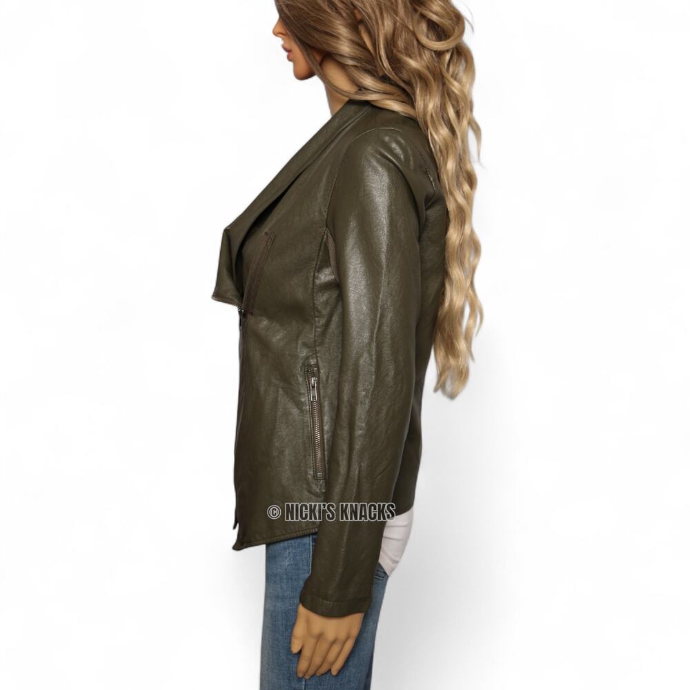 BB Dakota Olive Faux Leather Moto Jacket Asymmetrical Zip Drape Front Size S - Picture 4 of 9